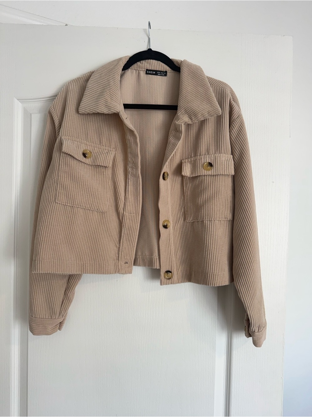 SHEIN Beige Corduroy Cropped Button-Up Jacket